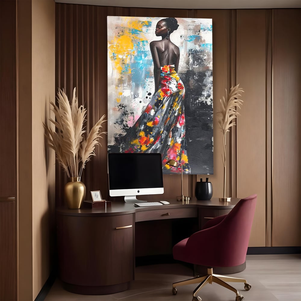 Tablou canvas cu tablou canvas cu portret de femeie, fara rama, pe sasiu de lemn, pe perete intr-un birou